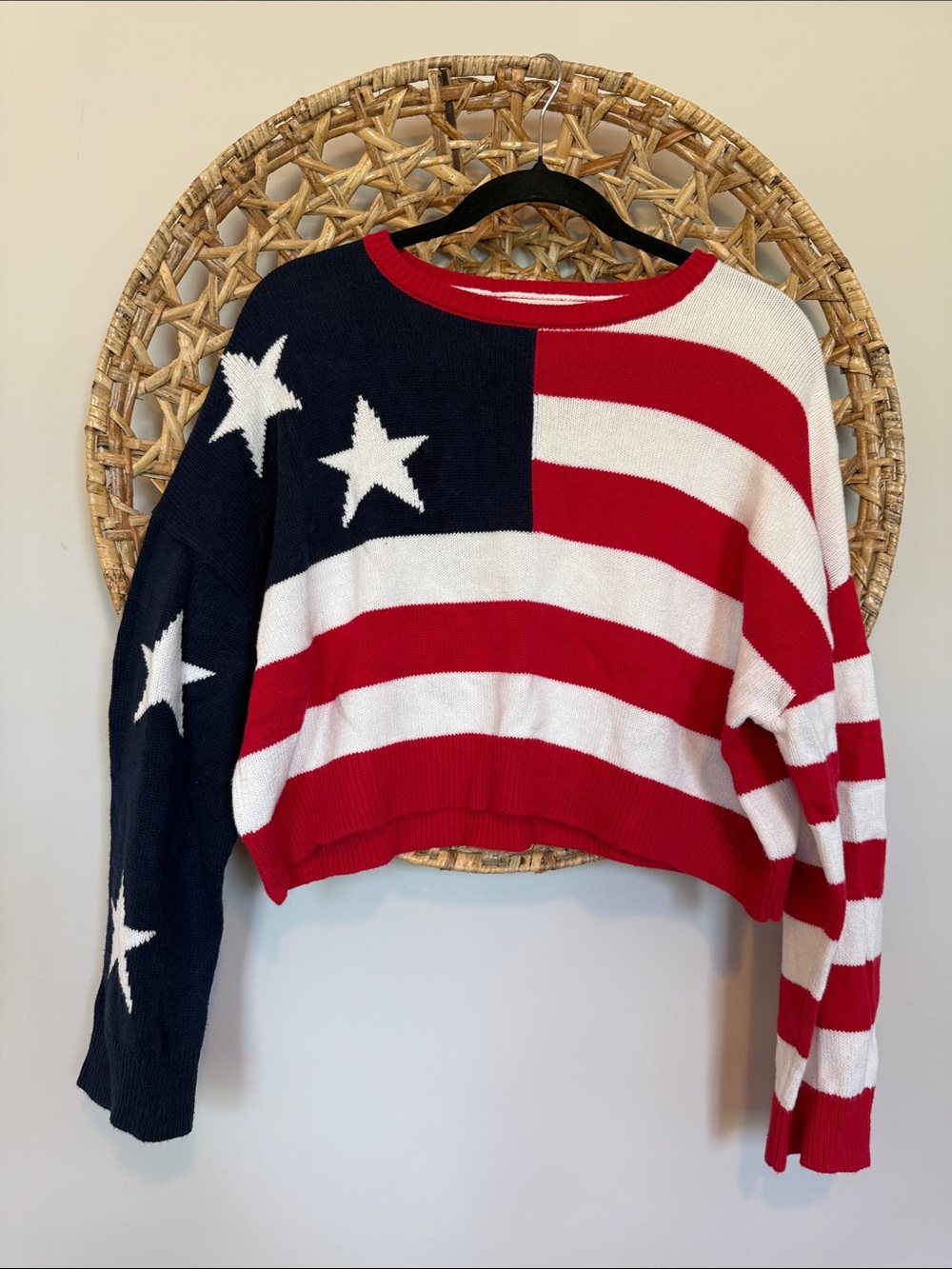 Moon & Madison Patriotic Stars & Stripes Cropped Sweater - Red White Navy